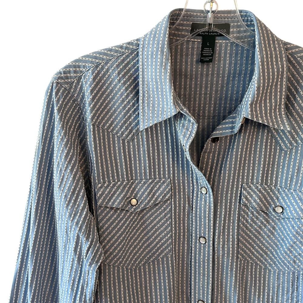 LRL Lauren Jeans Striped Pearl Snap Top Womens Large Light Blue Western Shirt - Picture 3 of 10